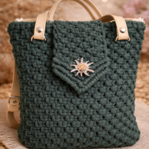 Trachten Tasche „Alpenedelweiß“ – Makramee Handtasche im Alpenstil mit Edelweiß-Verschluss