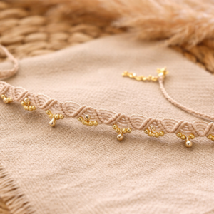 Makramee Choker „Alpen Boho“ – Trachten Halskette mit goldenen Perlen