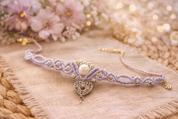 Makramee Choker „Lilac Heart“ – Boho Halskette mit Herzanhänger & Perle